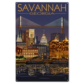 Lantern Press 10x15 Inch Wood Sign, Ready to Hang Wall Decor, Savannah, Georgia at Night