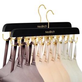 Bra Hanger for Closet Organizers and Storage | Space Saving Wooden Hanger | 20 Steel Hooks for Tank Tops, Camis, Hats, Lingeries, Belts, Ties, Scarfs Holder| 360° Rotating Non-Slip (1, 2 Pack Black)