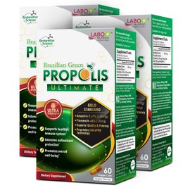 LABO Nutrition Brazilian Green Propolis Ultimate – Propolis Extract with 28mg Artepillin C and 5% Flavonoids Natural Bee Supplement for Immune, Brain Support High Concentrate Propolis, 60 Veg Capsx3