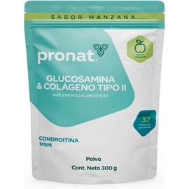 PRONAT Glucosamina & Colágeno Tipo II, Suplemento alimenticio, Sabor Manzana Verde con Vitaminas, Calcio y Magnesio, Bolsa con 300 g en Polvo