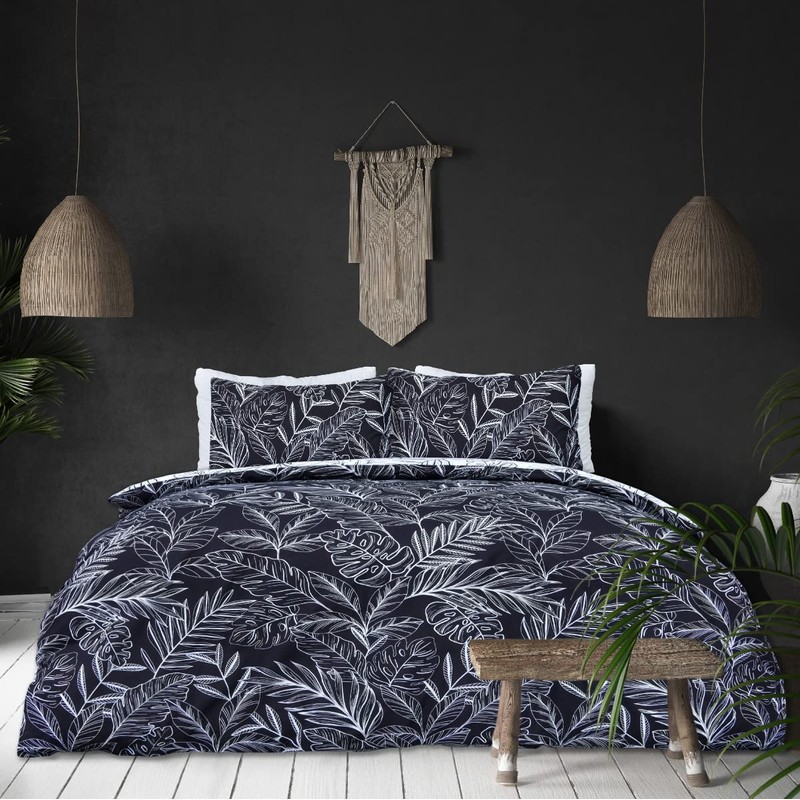 Sleepdown Tropical Palm Tree Floral Mono White Black Reversible Soft