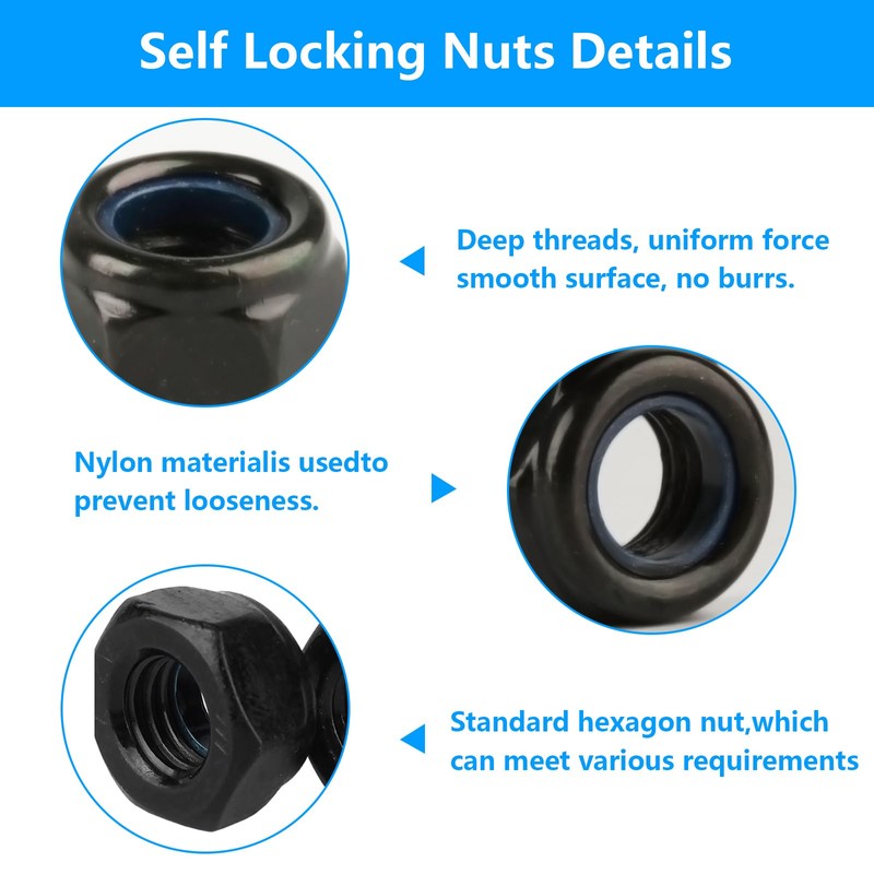 Pack of 50 M4 Nuts Set, Self-Locking Nuts, Black, Hex
