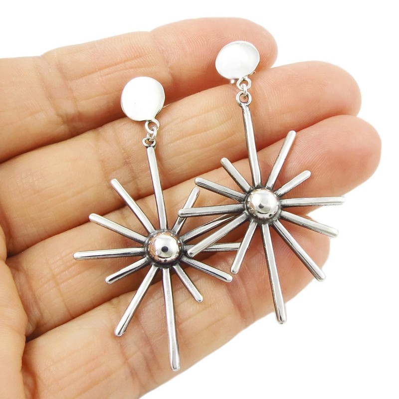 Large Solid 925 Sterling Silver Starburst Earrings Handmade Jewellery for