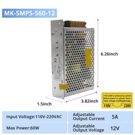 MK-SMPS-S60-12 MAKERELE DC 60W Switching Power Supply Adapter, AC 110V-220V to DC 12V Universal Regulated Transformer, Switching Converter Power Supply 5A for Strip 3D Printer CCTV Camera Motor Pump
