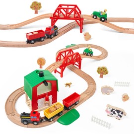 Farm Roller Coaster Wooden Railway Set for Toddlers, 42 Pieces Farm Theme Wooden Railway Toy for Kids, Boys and Girls from 3-7 Years