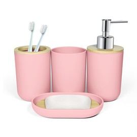 Seeatoo 4 PCS Pink Bathroom Accessories Set, Pink Bamboo Bathroom Accessories, Plastic Soap Dispenser and Toothbrush Holder Set, Soap Dish and Mouthwash Cup, Boho Bathroom Decor, Bathroom Set