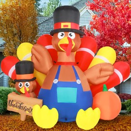 7.5FT Long Thanksgiving Inflatable Turkey Decoration Giant Blow Up Turkey Inflatables Outdoor Yard Decorations with Built-in LED Light Happy Fall Family Holiday Indoor Outside Lawn Decor