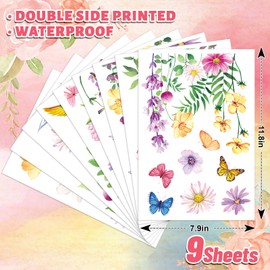 FYSUIMU 9 Sheets Spring Floral Window Cling Stickers Watercolor Flower Butterfly Bird Reusable Window Decals for Party Home Office Classroom Decoration
