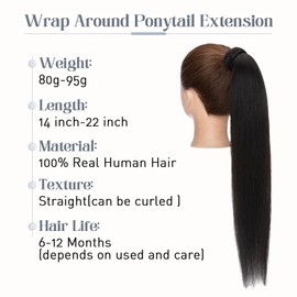 Rich Choices Ponytail Extension Human Hair Wrap Around Ponytail Hair Extension Straight 18 Inch #1B Natural Black Hair Ponytail Extension Real Remy Human Hair Extensions Hairpieces for Women