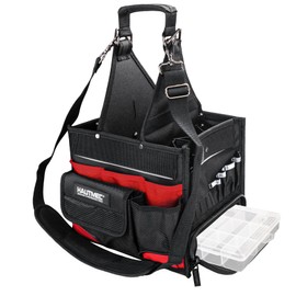 HAUTMEC Pro Electrician Tool Bag with Extra Parts Tray, Heavy-Duty 1680D Tool Tote, 37-Pockets Open Top Tool Bag with Removable Shoulder Strap, Water-Resistant Wear-Resistant, HT0174-TBR