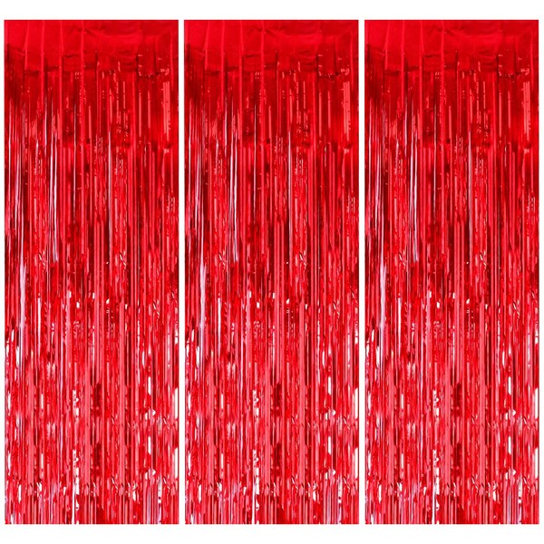 Pack of 3 Metallic Tinsel Curtains, Foil Fringe Curtain, Shimmer Streamers Curtain, 1 x 2 m Metallic Party Tinsel Background for Wedding, Birthday, Party, Door, Window Decorations (Red)