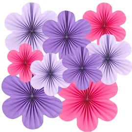 SUNBEAUTY Flower Party Decorations Paper Fans Classroom Decoration Paper Floral Backdrop Decor Paper Fans Decoration Hanging Paper Fans Purple Flower Wall Decor,Set of 9