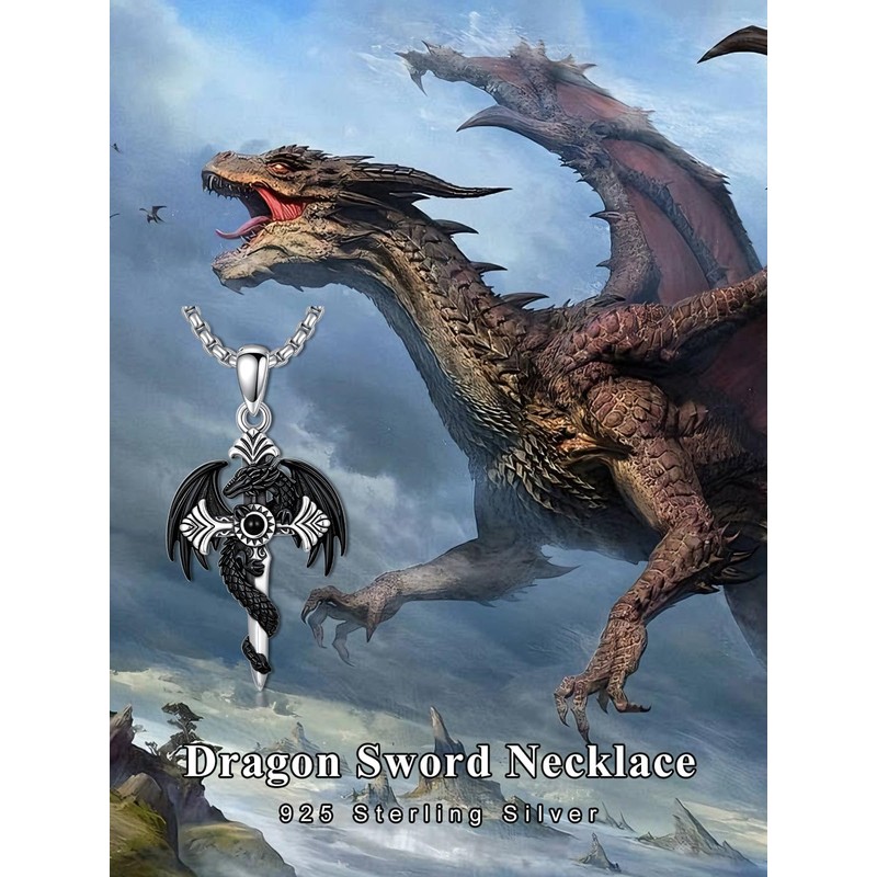 Lypic Gothic Dragon Sword Necklace for Men Women 925 Sterling