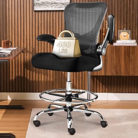 400LBS Drafting Chair, Executive Tall Office Chair with Adjustable Lumbar Support Foot Ring, Comfy W-Shape Thicken Cushion Mesh Computer Chair, Task Chair Padded Flip-up Armrest for Home Office,Black