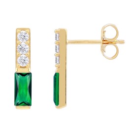Silvershake Created Nano Green Emerald 14K Yellow Gold Plated 925 Sterling Silver Minimalist Trendy Bar Stud Post Earrings May Gemstone Birthstone Jewelry for Women