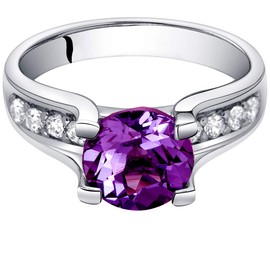 PEORA Simulated Alexandrite Cathedral Ring in Sterling Silver, Round Shape, 8mm, 2.75 Carat total, Comfort Fit, Size 6, Color Change Alexandrite Jewelry, June Birthstone, w/Jewelry Box