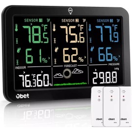 OBET 웨더 스테이션 무선 실내 온도계 3개의 센서 경고 조절 가능한 백라이트 USB 포트(500피트)를 갖춘 [White] OBET Weather Station Wireless Indoor Thermometer with 3 Sensors, Adjustable Backlight, USB Port (500ft) [White]