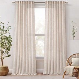 MIULEE Natural Linen Curtains 84 Inches Long 2 Panels, Pleated Tape Back Tab Soft Thick Linen Textured Window Drapes Pleat with Hooks Bedroom Living Room Light Filtering Neutral Farmhouse Cream Ivory