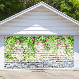 7X16ft Large Vintage Flower White Brick Wall Garage Door Background Decoration Nature Floral Ivy Green Leaves Covered Wall Photo Backdrop Bridal Baby Shower Birthday Party Decor Backdrop Banner