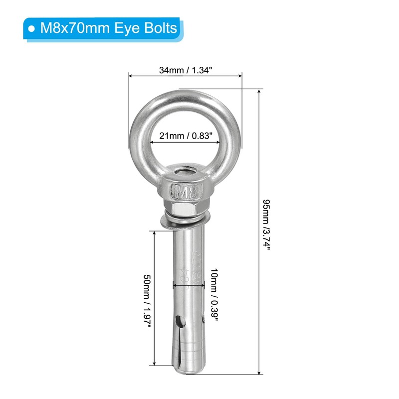 PATIKIL M8x70mm Extended Eye Bolts 4 Pack 304 Stainless Steel
