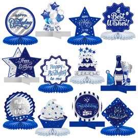 Clabby 12 Pieces Happy Birthday Decorations Birthday Honeycomb Centerpieces for Table Decorations Birthday Honeycomb Table Topper for Women Men Birthday Theme Party Supplies (Blue)