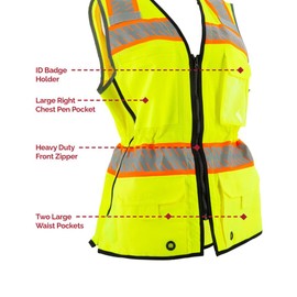 Majestic 75-3239W/X2 High Visibility Women's Mesh Vest with DOT Reflective Chainsaw Striping, Multiple Pockets including ID Badge Holder and Two Radio Mic Tabs, 2X Large, Yellow