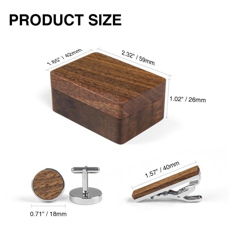Wislist Walnut Cufflinks and Tie Clip Set with Wood Gift