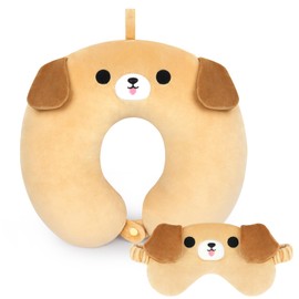 Travel Neck Pillow for Kids, Cute Labrador Kids Travel Pillow with Eye Mask, Cartoon Neck Pillow for Traveling, Soft U Shaped Travel Pillow for Airplane, Car, Recline