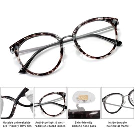 SOJOS Retro Round TR90 Blue Light Reading Glasses Womens Mens Readers Computer Glasses Eyewear Frame SJ9001, Grey Tortoise Frame 1.50 x