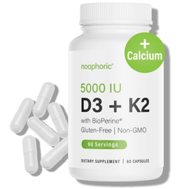 Noophoric D3 K2 Vitamin 5000 IU - Vitamin K2 100 mcg MK7, Calcium, BioPerine - Bone Health & Immune Support Supplement - Gluten-Free, Non-GMO - Vitamin D3 K2 Supplement (60 Servings)