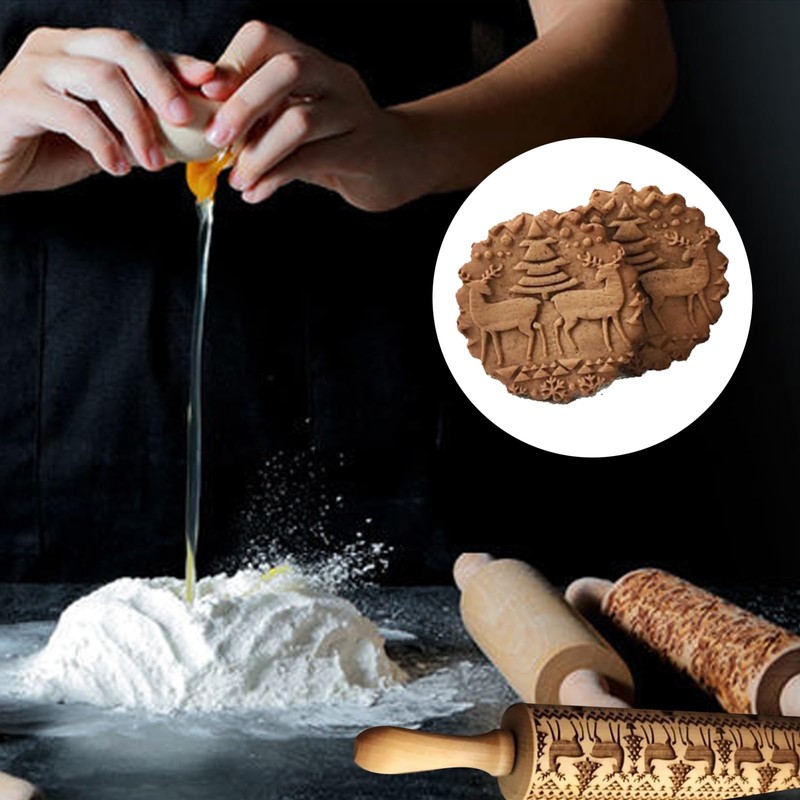 Mellifluous 2pcs Embossed Rolling Pin,Christmas Elk Printing Rolling Pin,Handmade Pattern