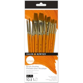Daler-Rowney Simply Gold Taklon Synthetic Hair Acrylic Brush Set with Short Handles, 10 Assorted Brushes, For Entry-Level Artists & Hobbyists