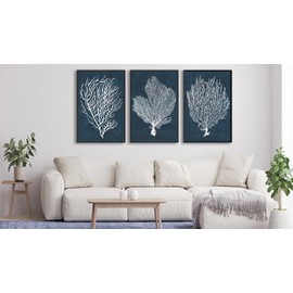 Large Framed Coral Wall Art - Navy Blue Coastal Wall Decor Painting 16"x24" Set of 3 Minimalist Beach Wall Art Prints Rustic Ocean Coral Canvas Pictures for Living Room Bedroom Office Artwork