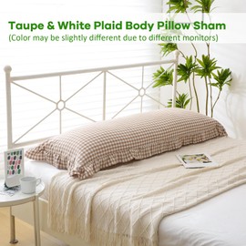 K MASANIJI Taupe White Plaid Body Pillow Cover with Ruffles 20x54 inches, 100% Cotton Rustic French Country Vintage Fall Pillow Shams for Bed/Sofa (20x54 inches, Taupe/White Plaid)