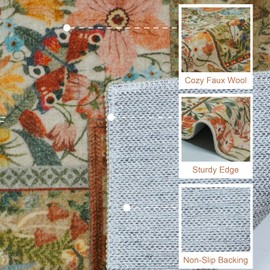 Uphome Patchwork Hallway Runner, 2x6 Tan Floral Kitchen Runner Rug Non Slip, Washable Soft Boho Bedroom Rug, Stain Resistant Neutral Flower Indoor Rugs for Laundry Office Playroom