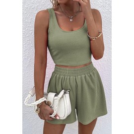 AUTOVISUM - Conjunto de dos piezas para mujer, sin mangas, parte superior corto y cintura alta, 2 piezas, Verde, L