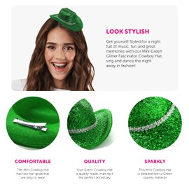 Green Mini Sparkling Cowgirl Hat - Fascinator Style Miniature Green Cowboy Hats - Perfect for St Patricks Day, Hen Parties and Fancy Dress Costume - Pack of 6