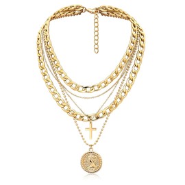Zinx Multilayer Necklace for Women Gold Choker Chain Cuban Chain Necklace Coin Pendant Necklace Cross Necklace Jewellery for Women Girls Gifts, Silver