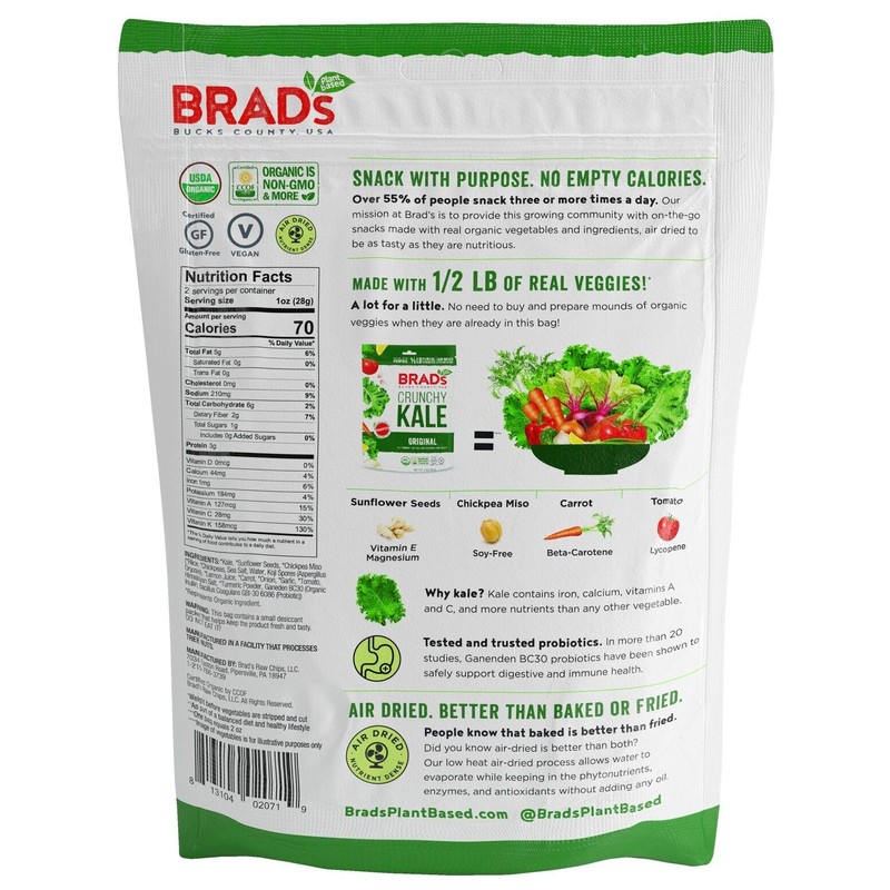 Brad's Plant Based Organic Crunchy Kale, Original, 6 Bags, 12