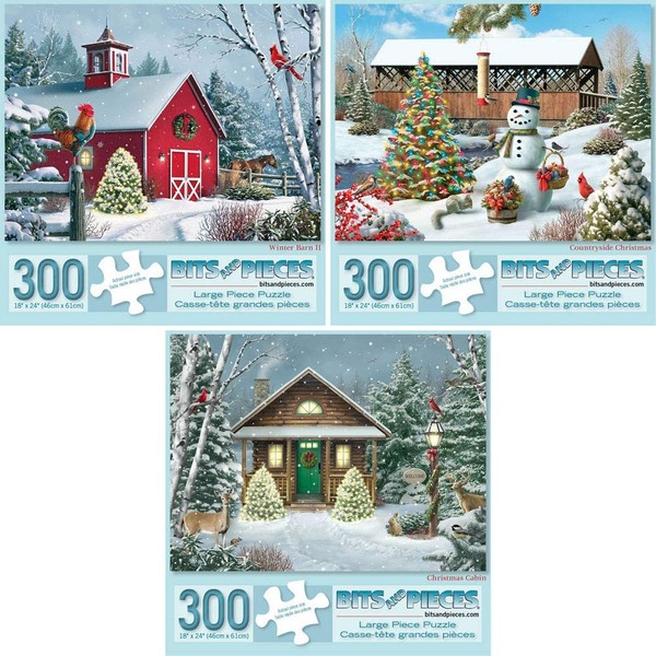 Bits and Pieces - Set of Three (3) 300 Piece Jigsaw Puzzles for Adults - Winter Barn II, Countryside Christmas, Christmas Cabin - 300 pc Holiday Snow Snowman Jigsaws by Artist Alan Giana