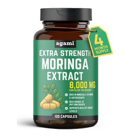 Agami Moringa Capsules | 4 Month Supply | Natural Energy & Joint Support | 8000mg Strength | Daily Greens Superfood | Moringa Oleifera | Skin Health Support | 120 Capsules