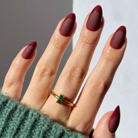 CUZIAM Red French Press on Nails Short Almond - Dark Red Nails with Glossy French Tip in a Matte Finish, Soft Gel Reusable Fall Fake Nails Winter Stick on Nails for Christmas Gift, 32PCS 16 Sizes