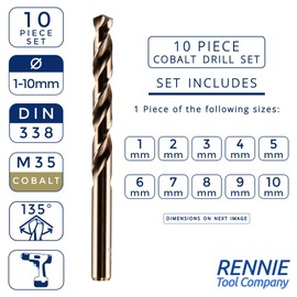 Rennie Tool Company 1-10mm HSS Cobalt Jobber Drill Bit Set With Storage Case - Drill Bits Set Of 10 Pieces For Stainless Steel, Aluminium, Hards Metals, Cast Iron, Plastic & Wood