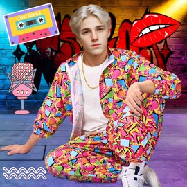 Antsparty Retro 80s 90s Outfit for Men, 80s Fancy Dress with Sportswear Jacket Pants Hat and Glasses, Vintage Beach Tracksuit for Themed Disco Party Costumes