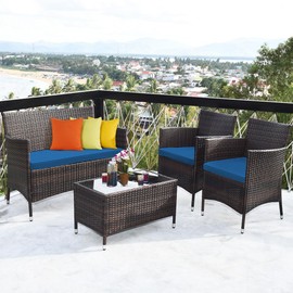 Tangkula 4-PCS Patio Rattan Conversation Set, Outdoor Wicker Furniture Set with Tempered Glass Coffee Table &Thick Cushion, Rattan Chair Wicker Set for Garden, Lawn, Poolside and Backyard