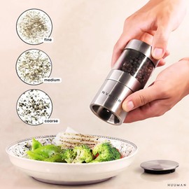 Huuman Salt or Pepper Grinder with Adjustable Coarseness Ceramic Burr, Stainless Steel Manual Salt or Pepper Grinder Perfect for Pink Himalayan Salt, Table Salt, Peppercorns, and Black or White Pepper