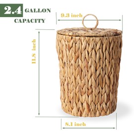 YOKOMI Wicker Trash Can with Lid - Bathroom Garbage Can - Boho Hand Woven Water Hyacinth Wicker Waste Basket for Bedroom, Living Room, Home, Office (Natural, 2.4 Gallons)