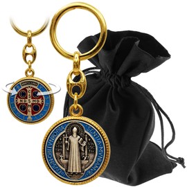 Lunexus Benedict Keyring - Blessed - St. Benedict Medal with Embossing and Double-Sided Design - Gift with Velvet Bag - Protective Symbol for Car, Home & Travel - Gold & Colourful, Gold /