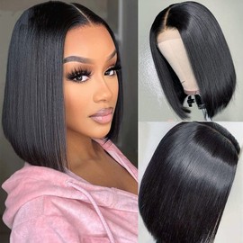 PORSMEER Short Straight Bob Wig Glueless Lace Front Wig for Black Women Natural Yaki Synthetic Heat Restistant Hair 150% High Density 10 inch