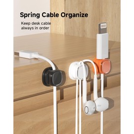 9 Pack Cord Organizer, Spring Cable Management, Adhesive Cute Cable Holder Clips, Phone Charger Wire Keeper for Desk Nightstand Car Office (9-Pack White_Orange_Black)